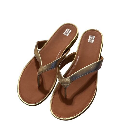 Fitflop Womens Gold metallic Leather Flip Flops Size 10 NWOT - Picture 1 of 6